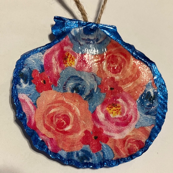 Other - Handcrafted Shell Ornament Blue Pink Floral Metallic Decoupage